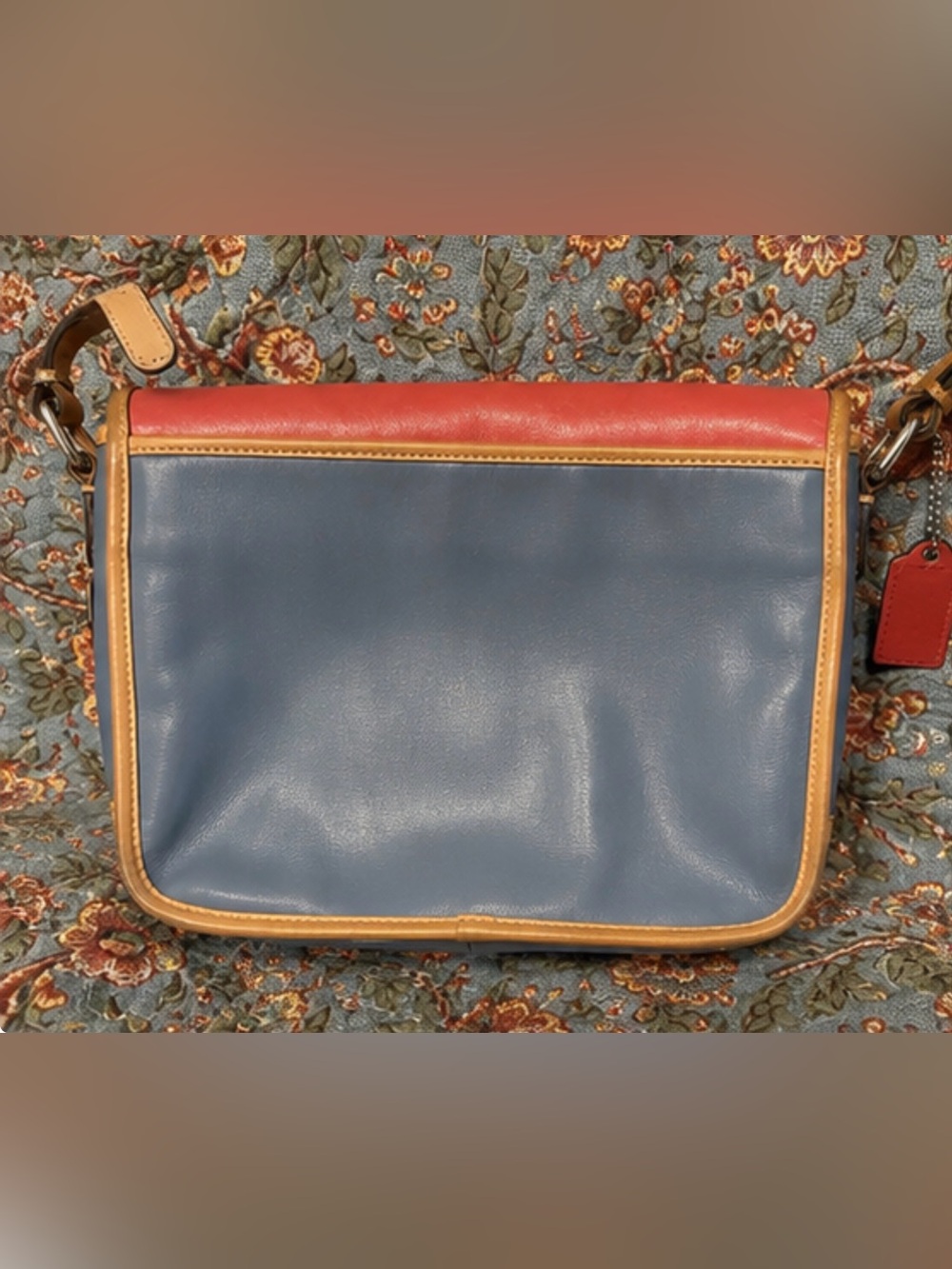 Coach Colorblock Leather Messenger Bag - Coral, Blue & Tan Trim - Picture 2 of 6